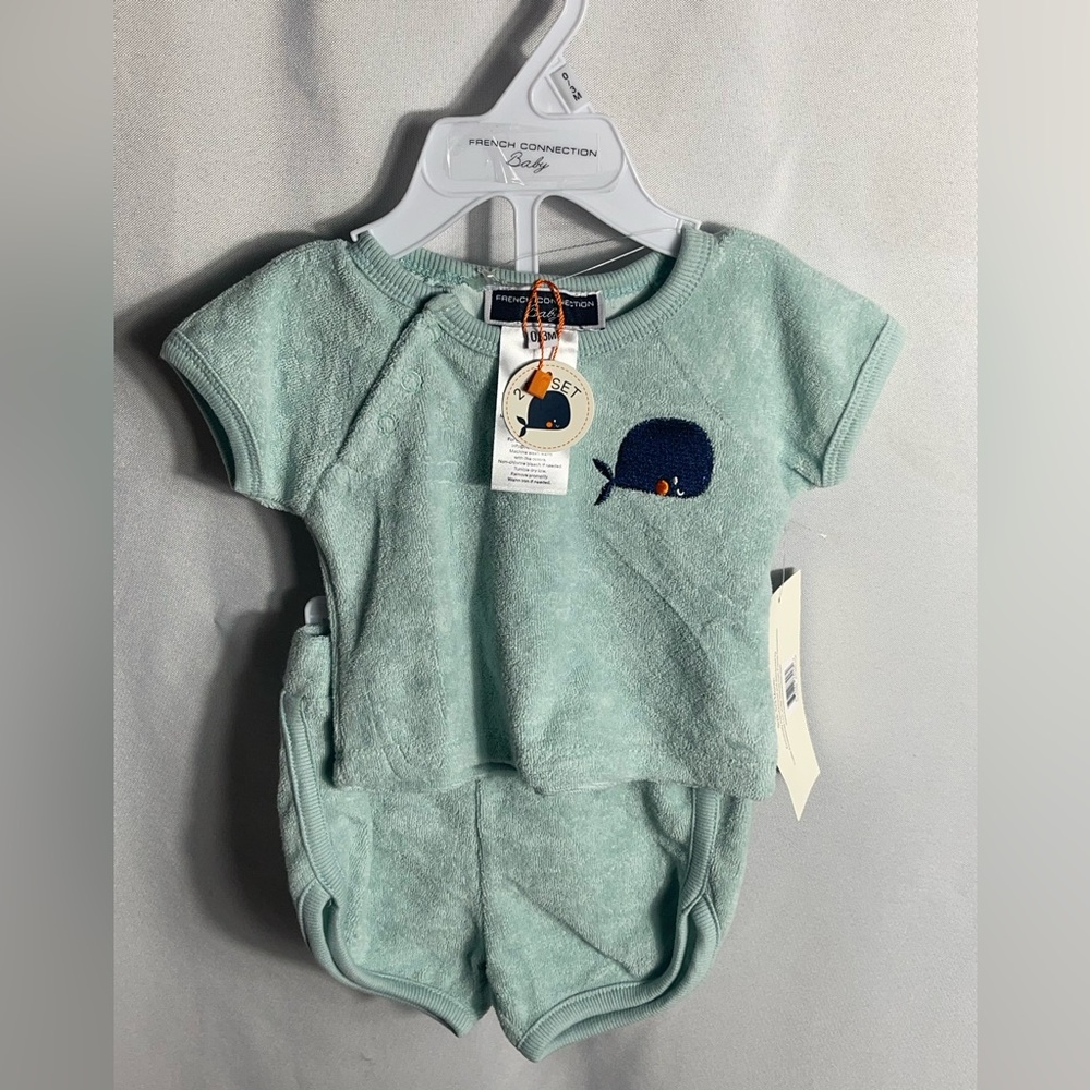 French Connection Baby 2pc Whale Terry Set 0-3M Mint Green Shorts Outfit NWT